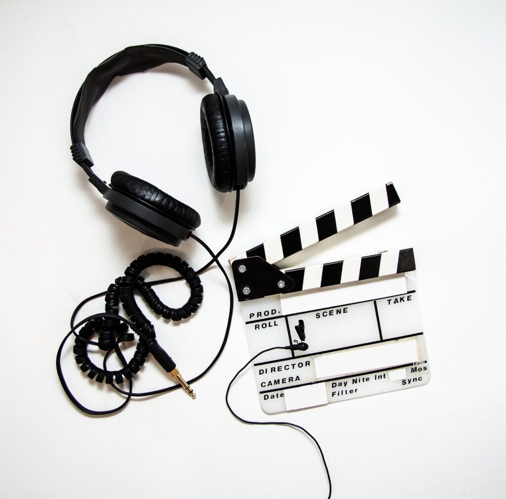 headphones, clapper, clapperboard